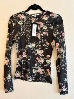 AFRM Sheer Mesh Long Sleeve Floral Mesh Top, Size S, NWT
